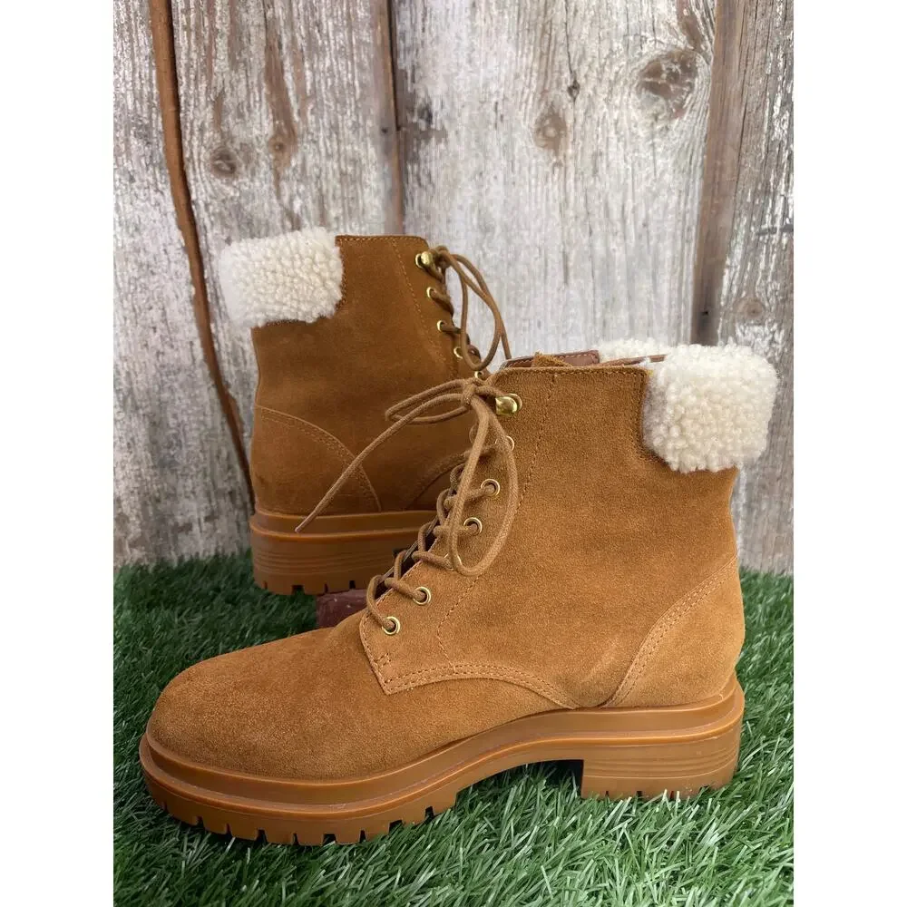 Lauren Ralph Lauren Carlee Whiskey Suede Combat Bots Faux-shearling Women's 7.5